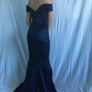 Satin Navy Blue Off-The Shoulder Dress